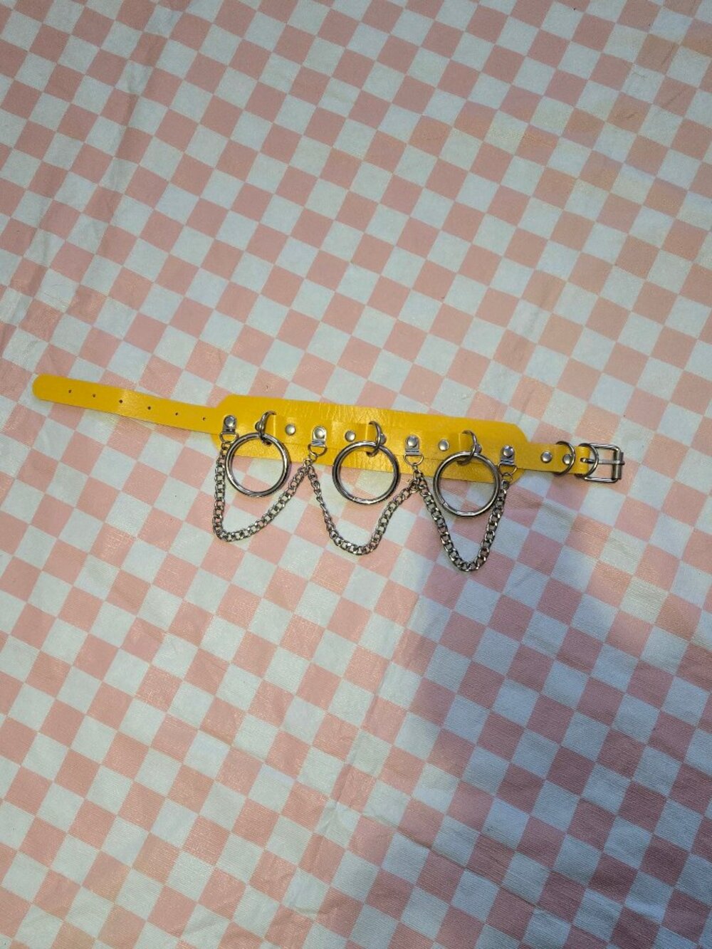 Yellow Faux Leather Choker with Silver Rings and Chains